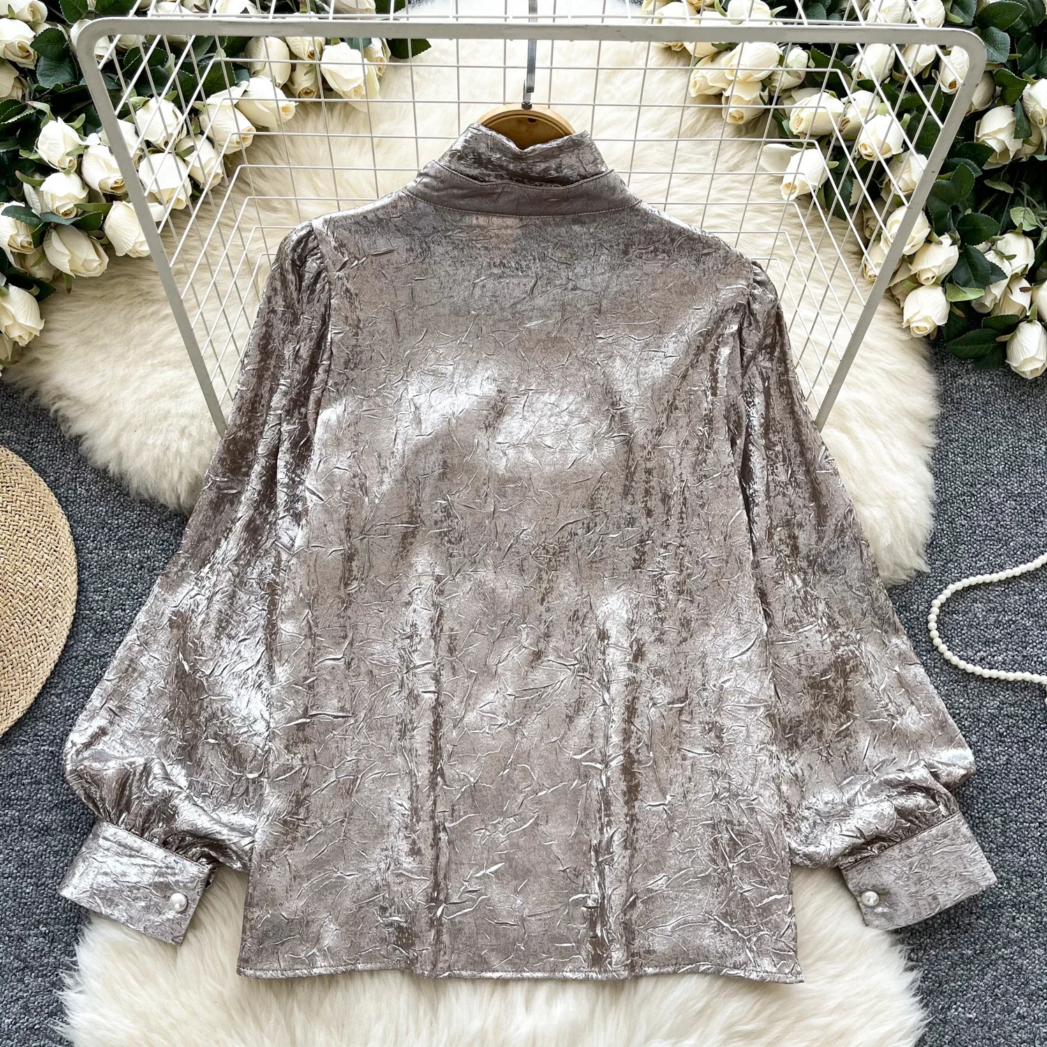 Basics Stand Neck Elegant Metal Color Texture Vintage Long Lantern Sleeve Loose Top French Streetwear High Street Autumn Blouse