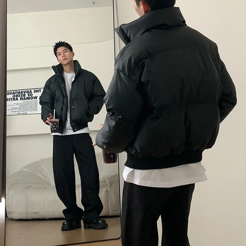 

Korean Sle ort Thiened Cotton Jaet Men's Winter Bla Leather Cotton Coat Outerwear Trendy High Quali Bread Coat