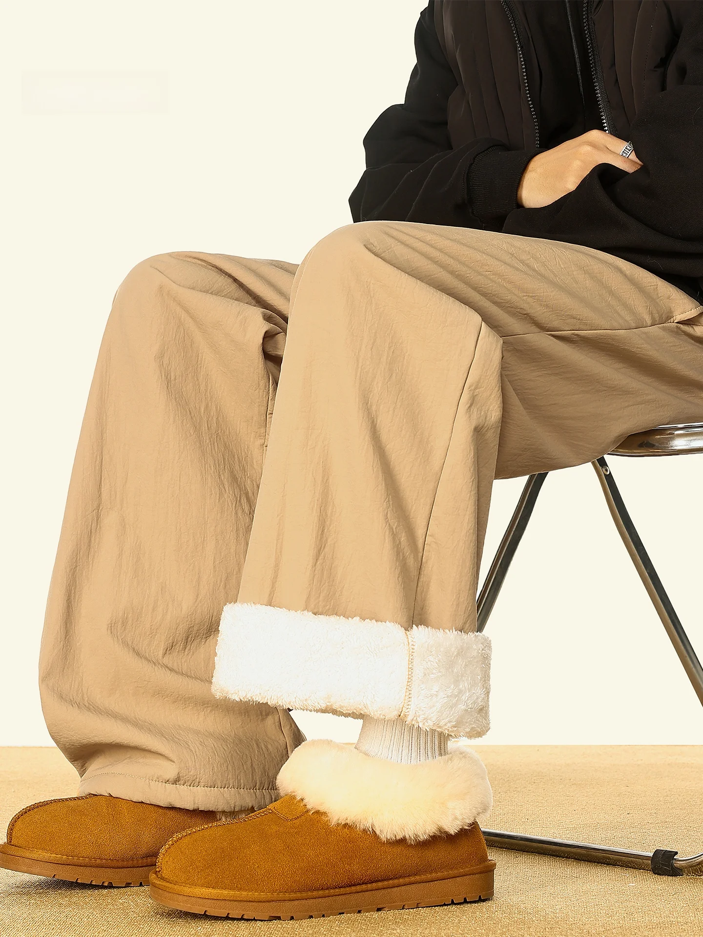 

American Sle Thiened Fce Lined Loose Straight Leg Men's Casual Pants Winter Trendy Brand Warm Cotton Trousers