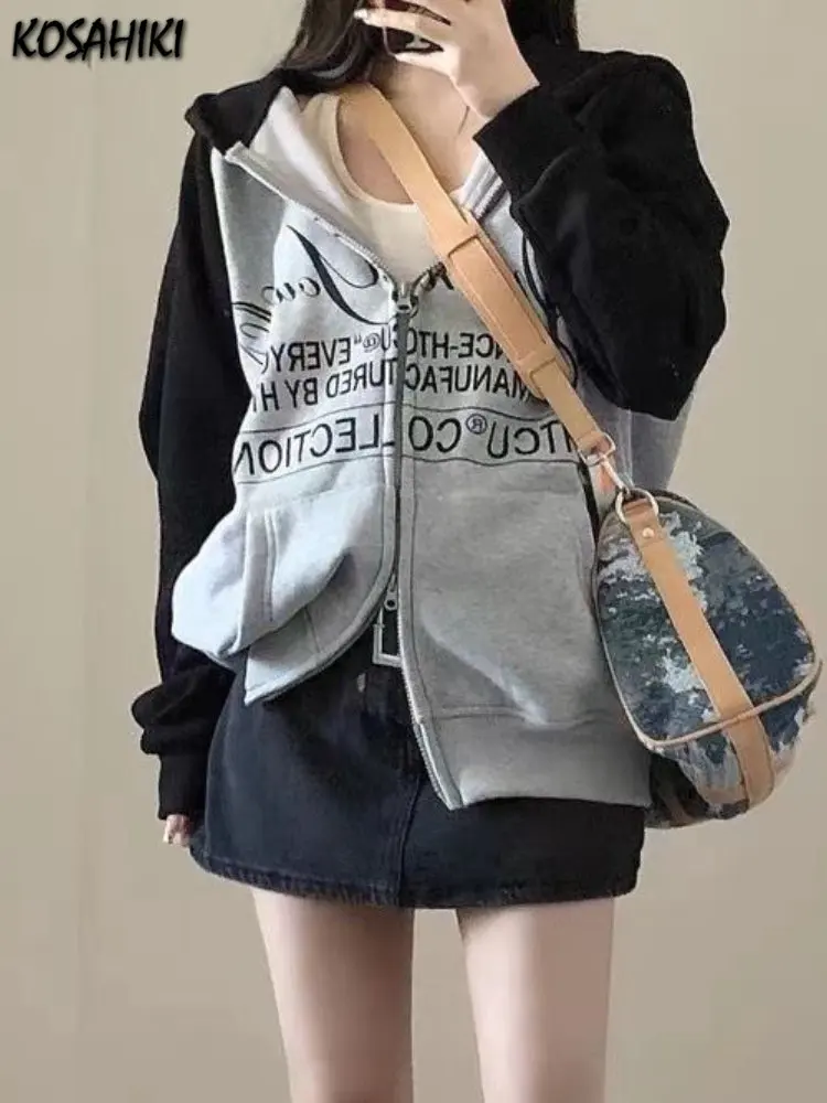 Vintage Loose Sweatshirt Women Tops Fashion Letter Print Hoodies Goth Jacket Y2k Aesthetic Harajuku Hzipper Femme All Match Coat