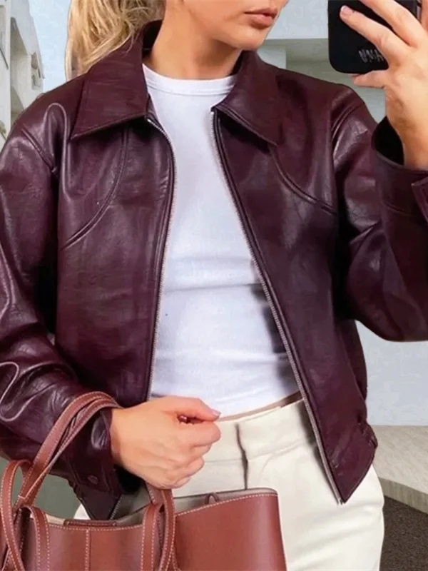 Jaet en cuir rouge femmes automne hiver nouveau Sle américain rétro Simple col rabattu Long Sve fermeture éclair manteau en cuir synthétique polyuréthane