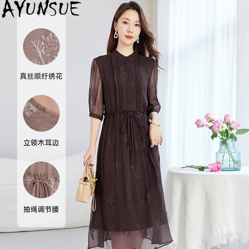 

AYUNSUE 100% Silk Dresses for Women Embroidered Stand Collar Summer Dresses Elegant Lace-up Dress 2026 Woman Clothes Ropa Mujer