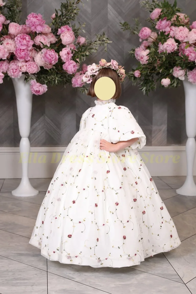 Maßgeschneidertes Großhandels-Mädchenkleid in Rosenrosa, Elegantes Ballkleid mit Puffärmeln und Schleife für Hochzeitszeremonien, Abendkleid, Formelle Kleidung – Detail 1