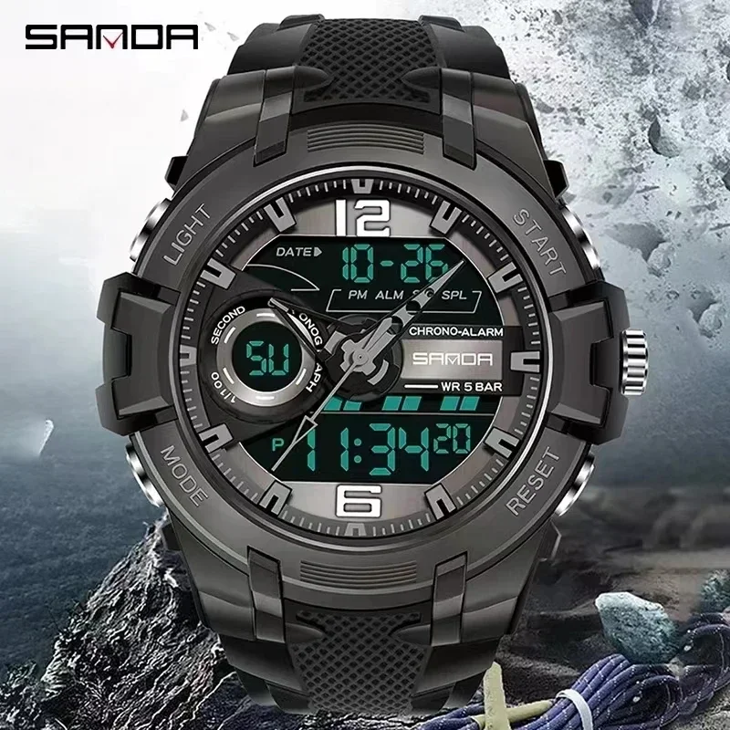 SANDA 6015 Fashion Alarm Mode Sports Hand Clock for Teenagers Multiple Functions Waterproof Luminous Analog Digital Wrist Watch