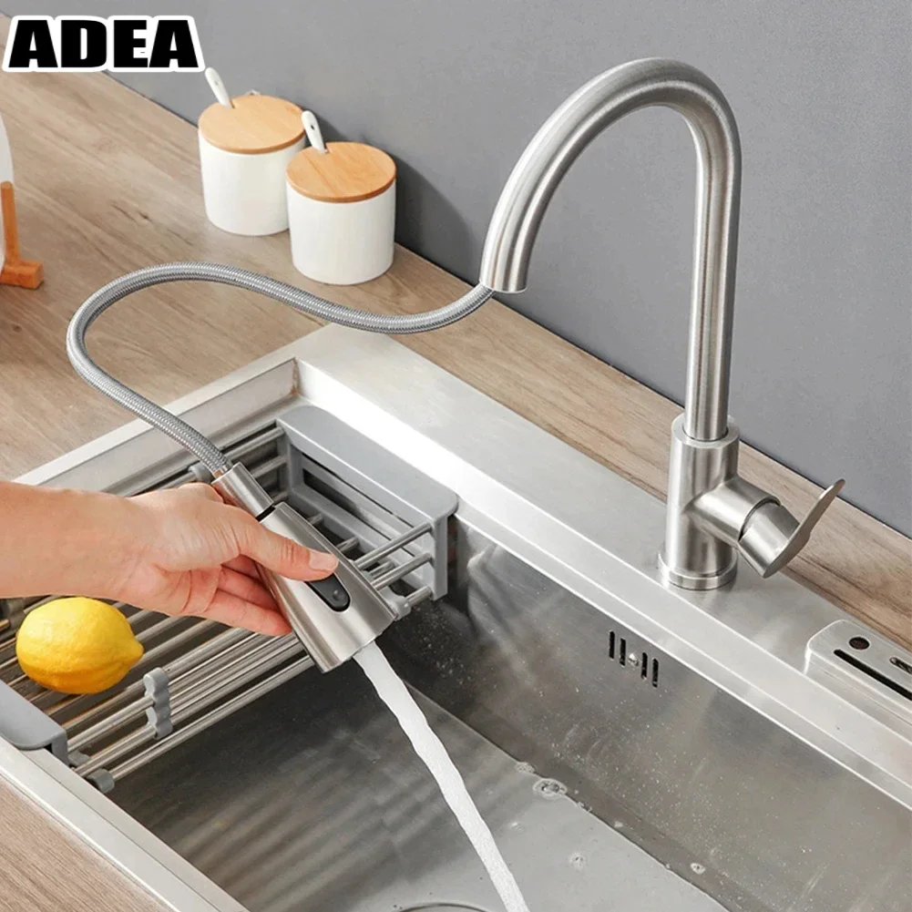 

Adea Kitchen Faucets Brushed Nickel Pull Out Sink Water Tap Deck Mounted Mixer Stream Sprayer Hot Cold Taps Sliver