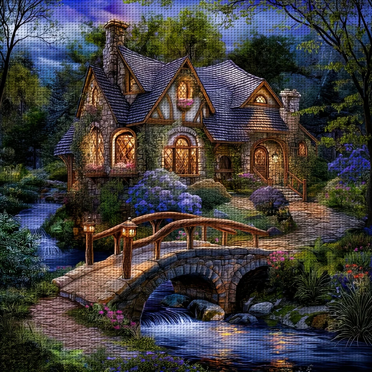 1 Stück 36x36cm/14,17x14,17 Zoll, 11CT Druck Kreuzstich DIY-Set, Twilight Cottage, Entspannter Kreuzstich für Erwachsene Anfänger