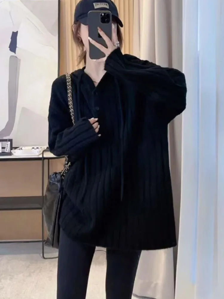 لينة مريحة معطف بقلنسوة المرأة خريف شتاء 2025 الاتجاه الجديد فضفاض محبوك سترة الاسترخاء Sle لون غير رسمي #2