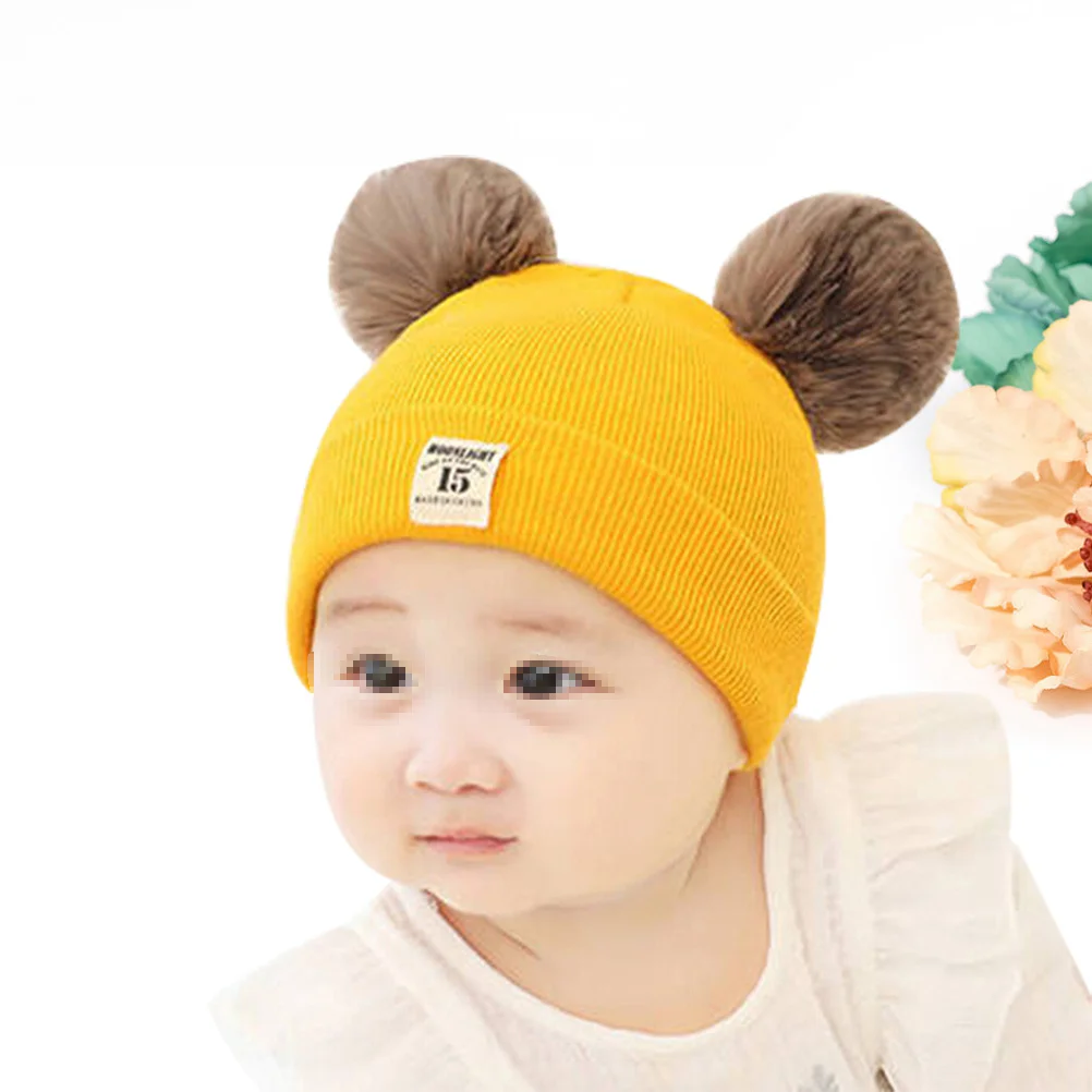 

Autumn Winter Kids Knitted Wool Hat Bear Ears Yellow Baby Crochet Beanie Thick Warm Stretchy Kids Cap Wool Cap