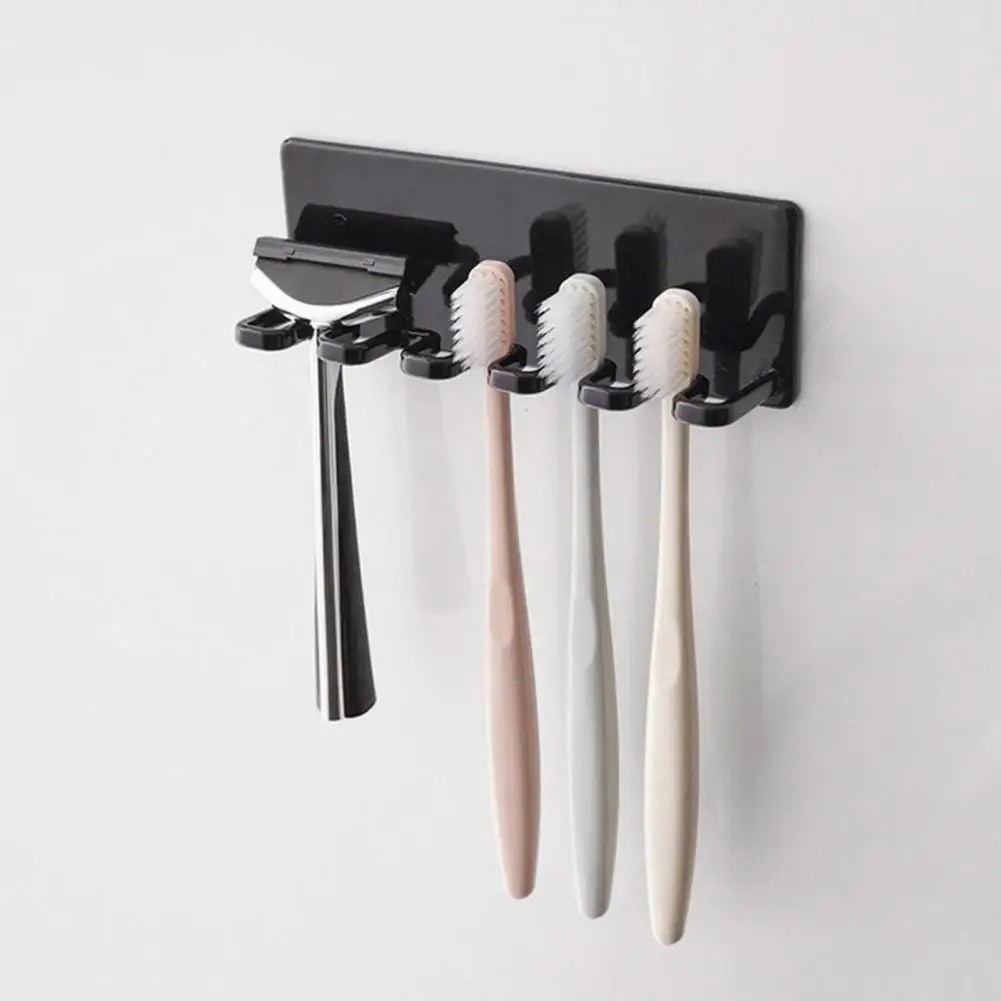 

Toothbrush Holder Wall Mount 5 Slots Organizer Self Adhesive Rust-Resistant Bathroom Holder Hollow Drainage Razors Storage Stand