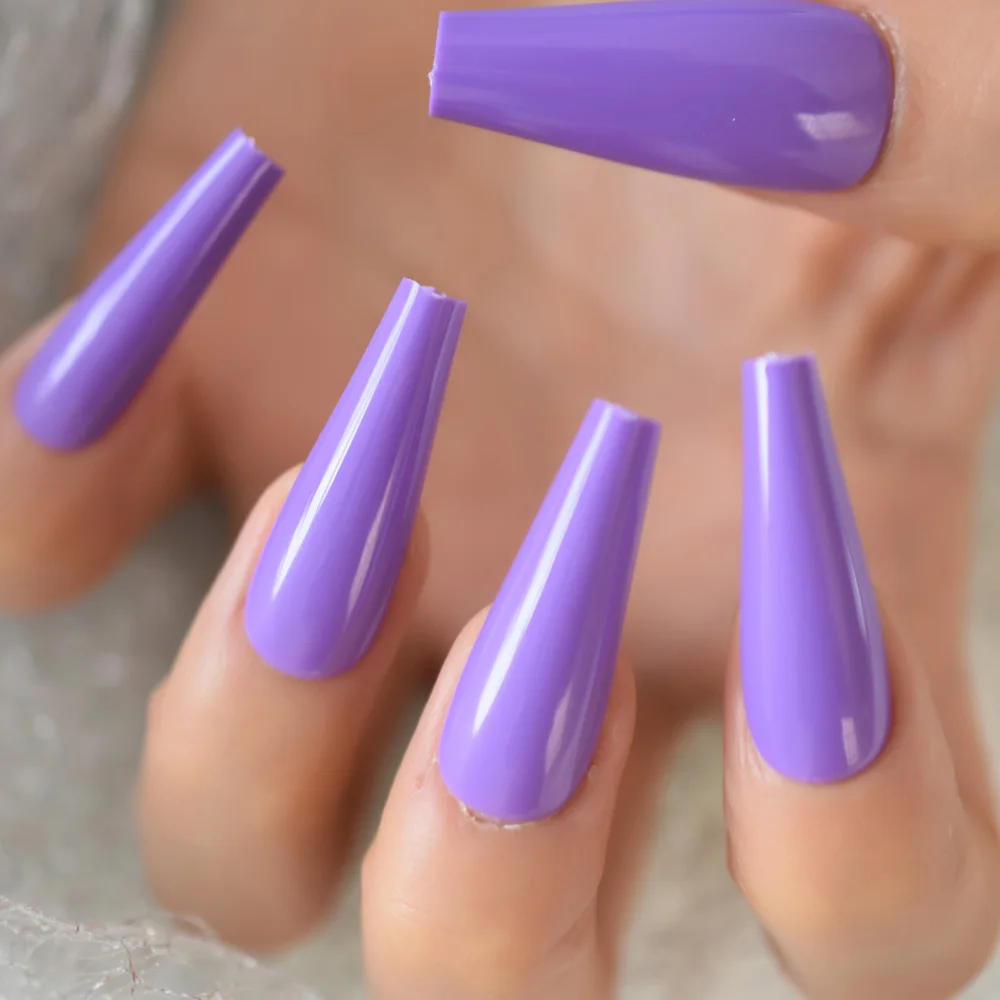 Long 24 Pcs Coffin Nail Tips Solid Color Lavender Purple Glossy Manicure Ballet Nail Tips Arylic Fingernails