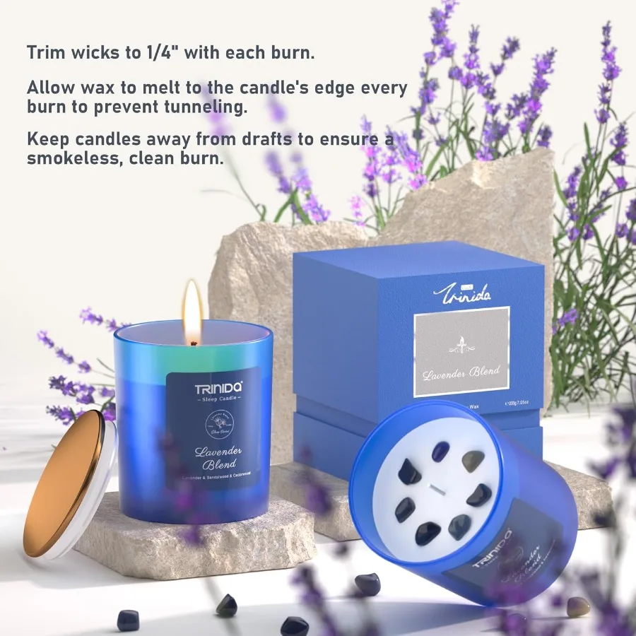 Aromatherapy Candle Natural Soy Wax Candles with Crystal for Men Infused with Lavender Sandalwood and Cedarwood Essential Oils