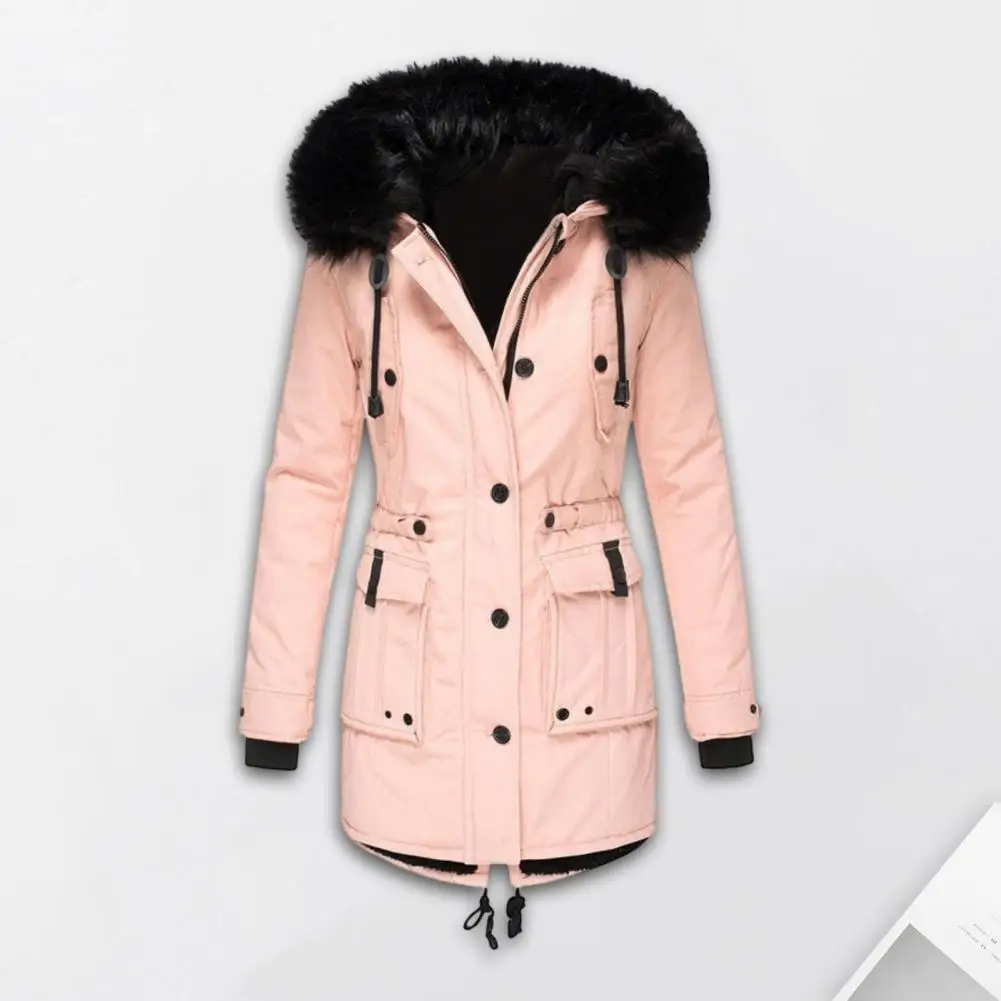 Women Hooded Down Jacket With Furry Hood Plush-lined Zipper Closure Drawstring Parkas Heat Retention Cold Weather Outwear