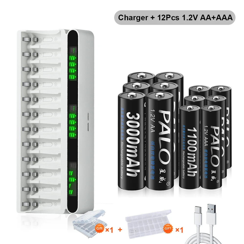 PALO 1.2V AAA+AA Rechargeable Battery 1100mAh AAA NIMH Batteries 3000mAh AA NI-MH Battery+12 slots 1.2V AAA AA Battery Charger