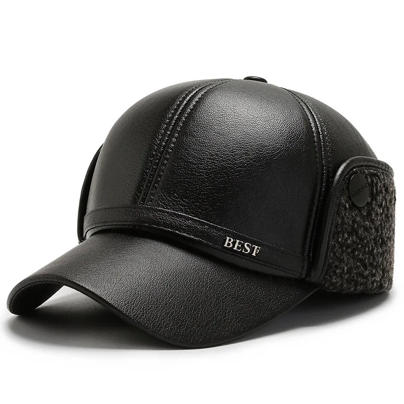 X7059  PU Leather Hat Ear Protection Baseball Cap Outdoor Warm  Imitation Leather Outdoor Windproof Riding Hat Warm Bomber Hat