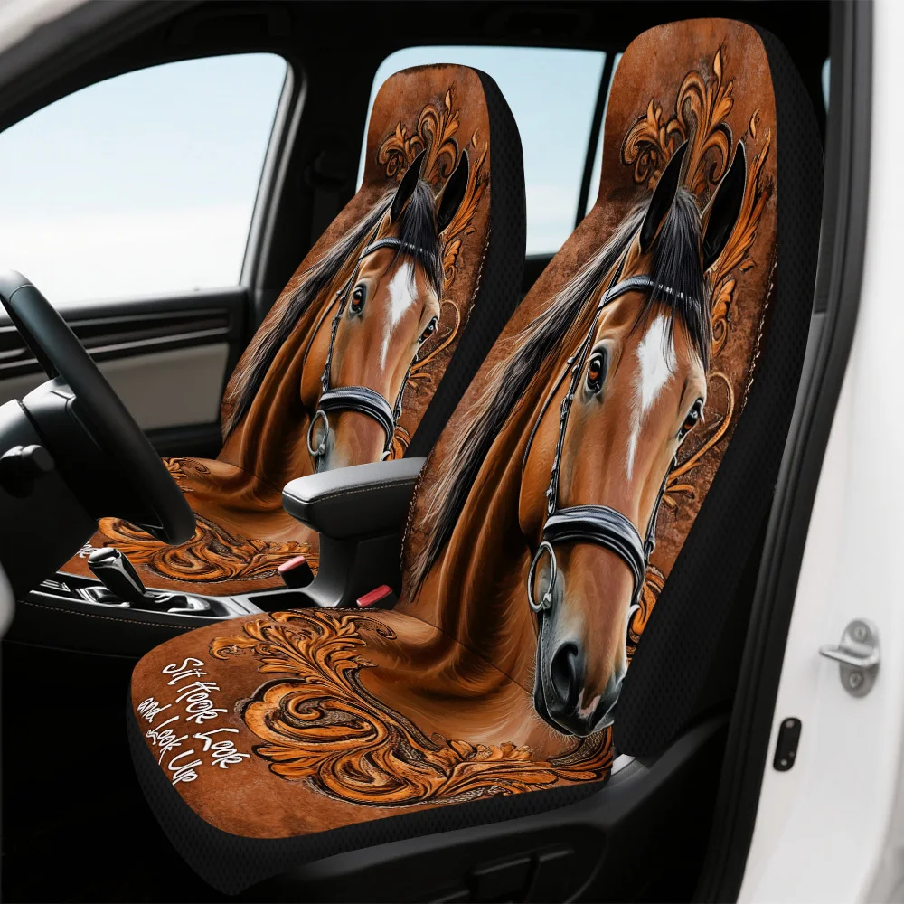 2pcs Elegant Horse Print Car Seat Covers Compatible For Cars, SUVs, Sedans - Front Seat Protectors With Horse Portrait Design, D