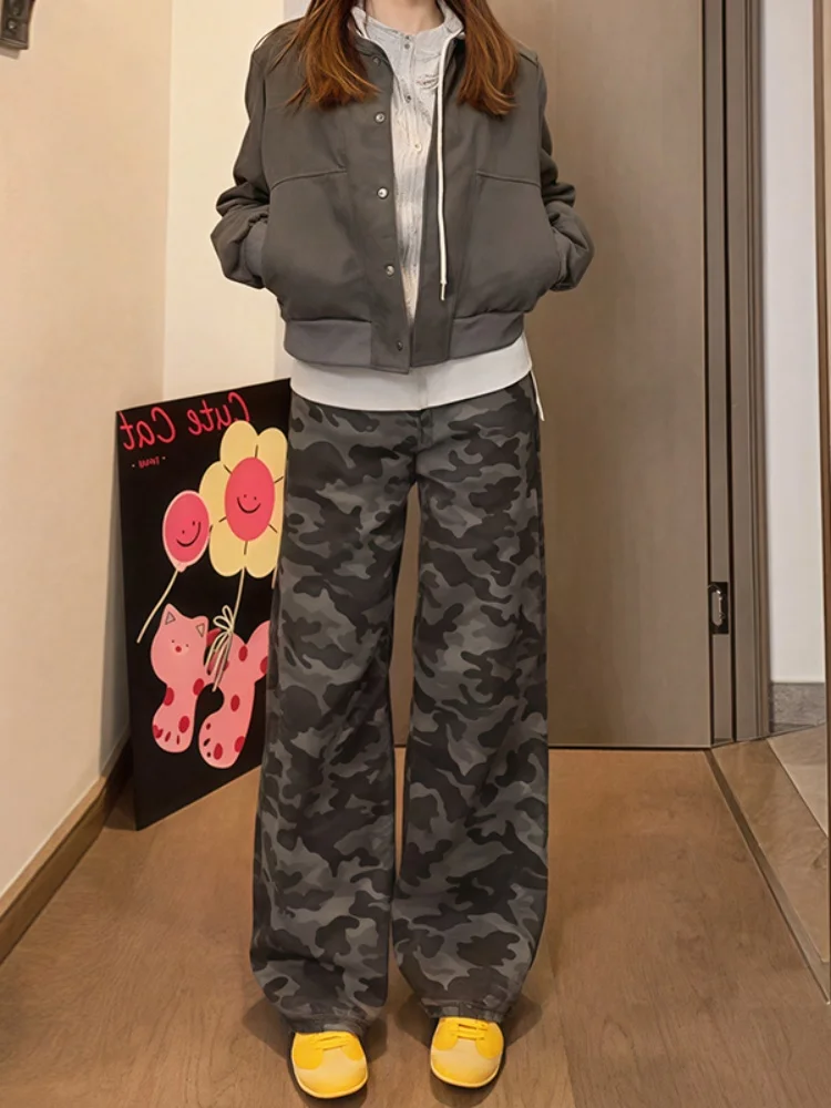 American Sle Camouflage Work Pants Women's plus Size Loose Straight Leg Trousers High Waist Wide Leg Long Trousers