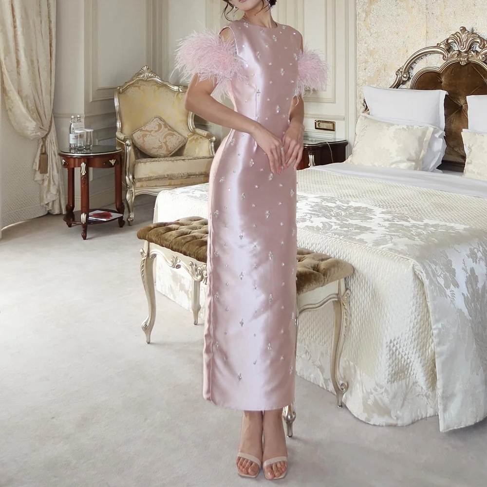 Customized Straight Evening Dresses Tea-length O-neck Sleeveless Prom Gown Simple Fashion Crystal Tassel Exquisite Party Gown