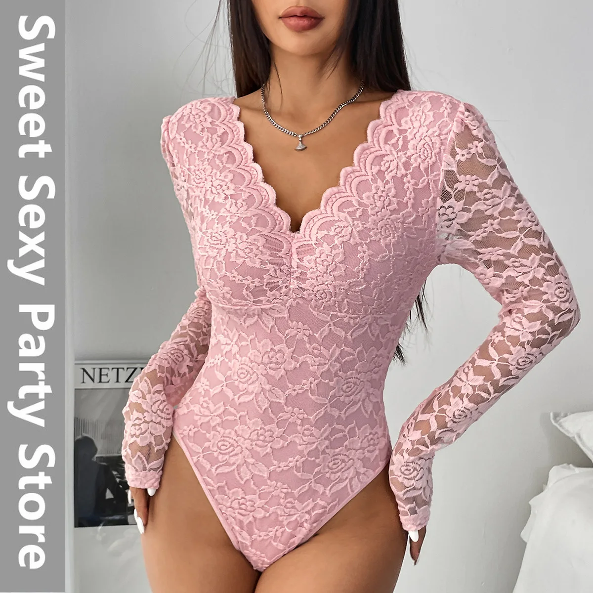 

2025 new sexy solid color lace long-sleeved Spice Girl perspective slim onesie 10717