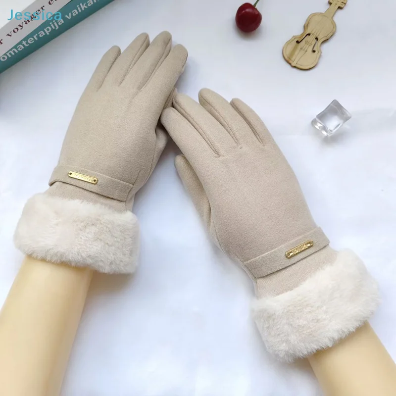 ♥Autumn Winter Warm Suede Gloves Plus Velvet Thickened Plush Decor Cuff Gloves Outdoor Coldproof Touchscreen Riding Ski Gloves