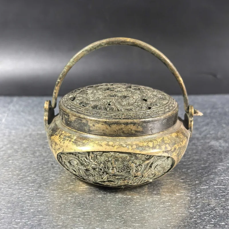 Copper Dragon and Phoenix Auspicious Brass Winter Warmer Hand Stove for Burning Charcoal, Home Indoor Incense Burner, Creative D