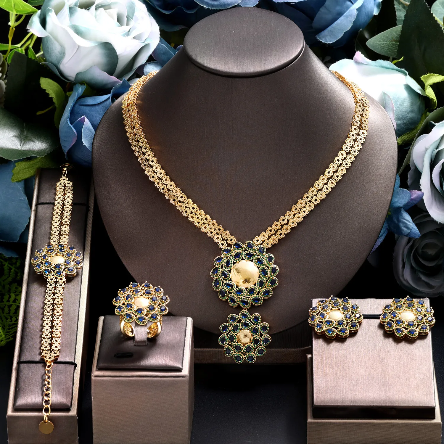 

Luxury 24K 4 Pieces Wedding Jewelry Set for Women Gold Plated Kundan Nigerian Indian Dubai Bride Accessories