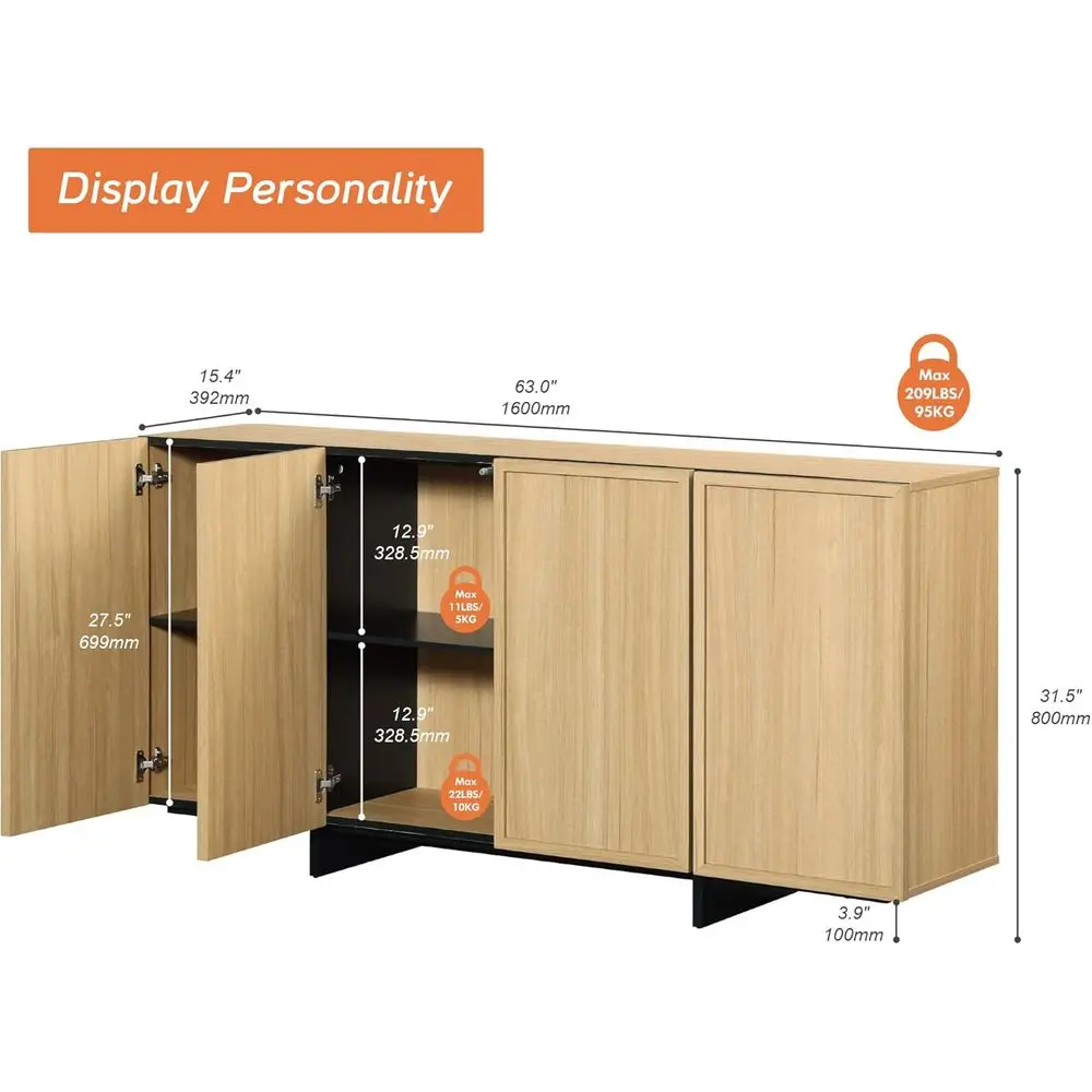 Sideoard uet Cainets, ern Sideoard wit2 LarStoraCainet, Coee ar Cainet StoraCainet witT-Saped Legs or Living Room, Kitcen, Oak