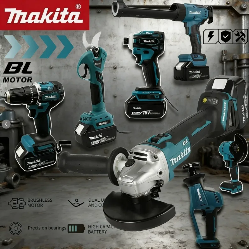 

Комбинированный набор инструментов Makita: бесщеточная шлифовальная машина, пистолет для герметика, цепная пила, насос для накачки, силиконовый пистолет для герметика, режущий инструмент, для аккумуляторных инструментов Makita
