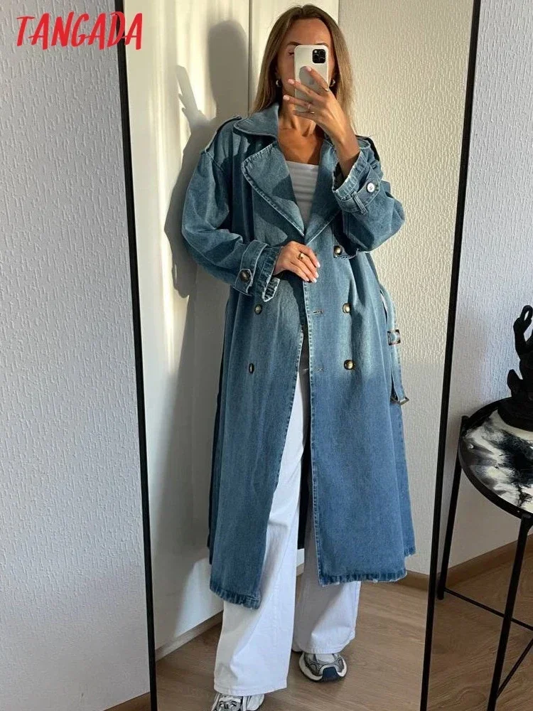 Tangada 2023 Autumn Women Blue Denim Trench Coat With Belt Elegant Female Loose Outwear 5B2