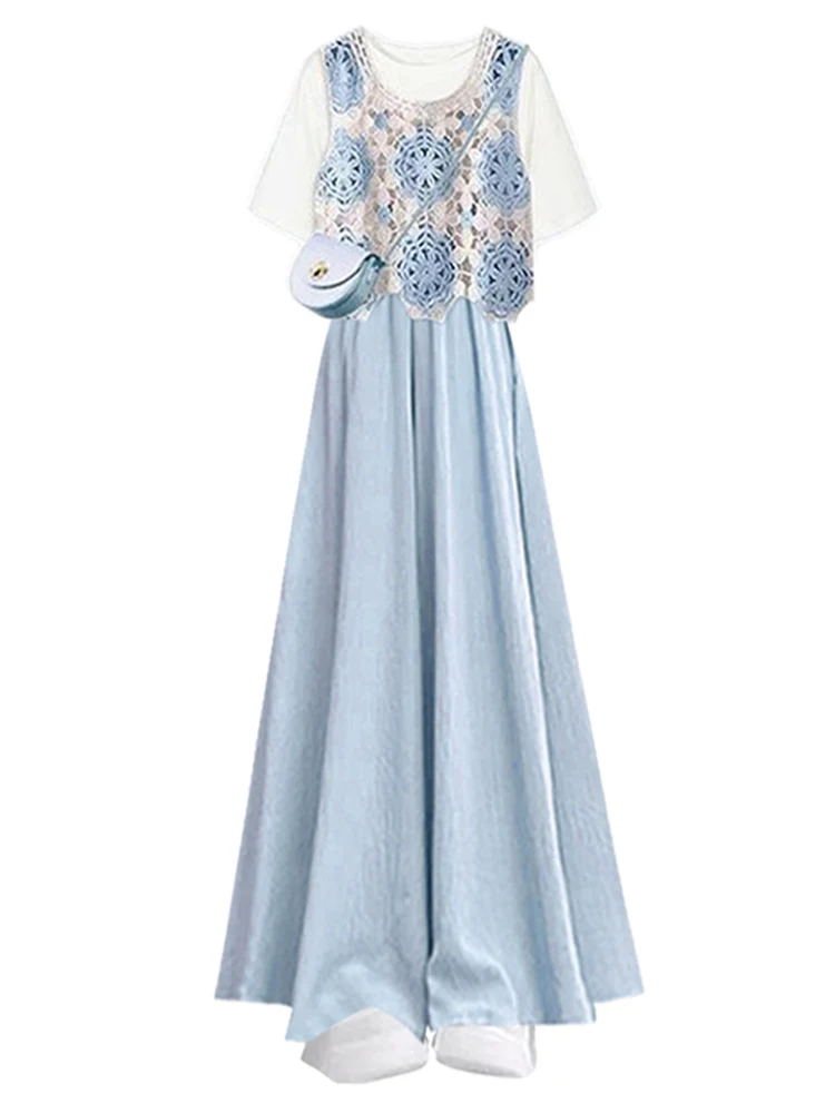 ชุดเซ็ตแฟชั่นฤดูร้อนสำหรับผู้หญิง เสื้อยืดหลวมอเนกประสงค์สีน้ำเงิน ดีไซน์เว้า พร้อมกางเกงขายาว ผลิตจากเส้นใยโพลีเอสเตอร์ คอกลม แขนสั้น