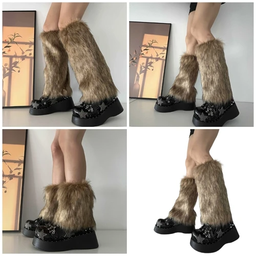 Imagen 2 del producto Calentadores de piernas de piel sintética para mujer japonesa, cubiertas para botas Y2K Goth, calcetines de pierna sólidos Punk Jk hasta la rodilla, calcetín cálido de moda Hiphop Hotgirl