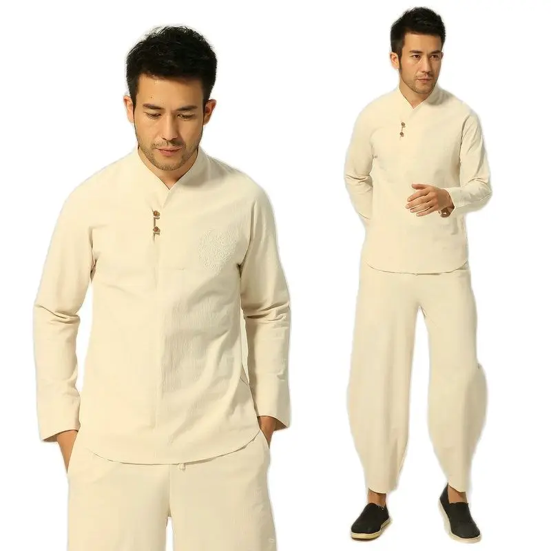 

Chinese Traditional Men's Kung Fu Sets Buddhist Meditation Cotton Linen Blouse Elastic Waist Pants Loose Tang Suit Dress For Men