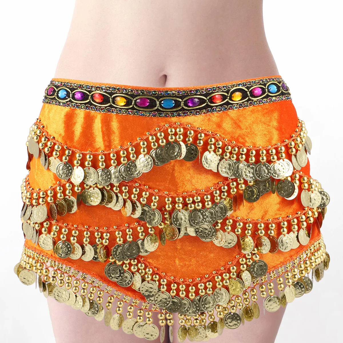 1 pezzo di cintura per sciarpa dell'anca di danza del ventre dell'India arancione, leggera e confortevole, decorazione con diamanti, regolabile per le prestazioni pratiche