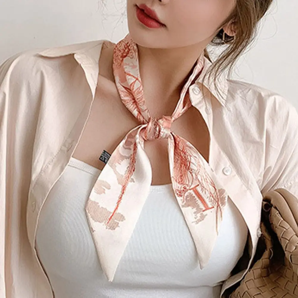 Ribbon Satin Bow Head Rope Flowers Silk Scarf Printing Hair Scarf Korean Style Headband Female Headwear Silk Scarf Headband