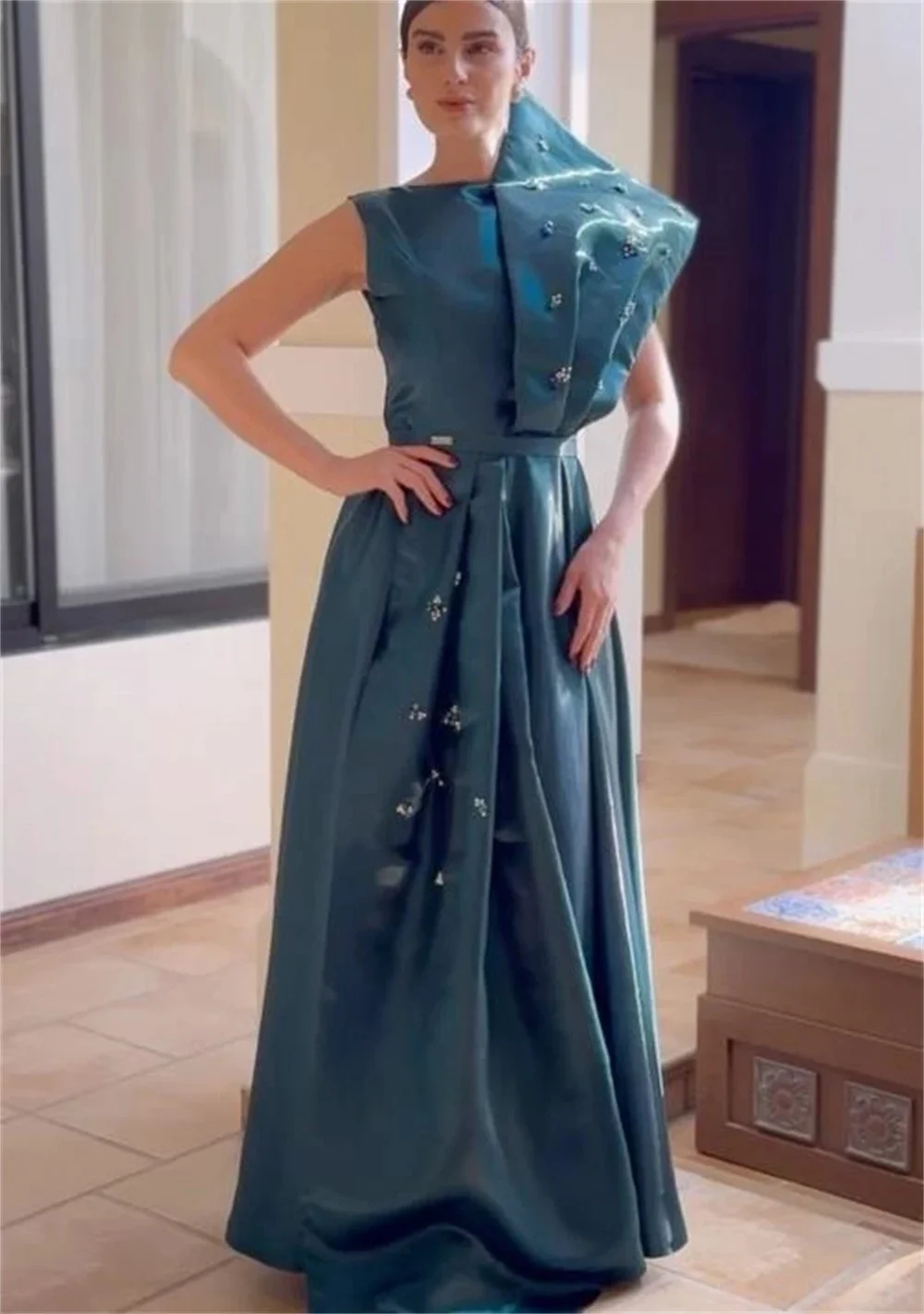 

Teal Pearls Formal Long Bespoke Occasion Gown Evening Dresses Pastrol Unisex Jersey Retro Dubai Saudi Arabic Prom Customized