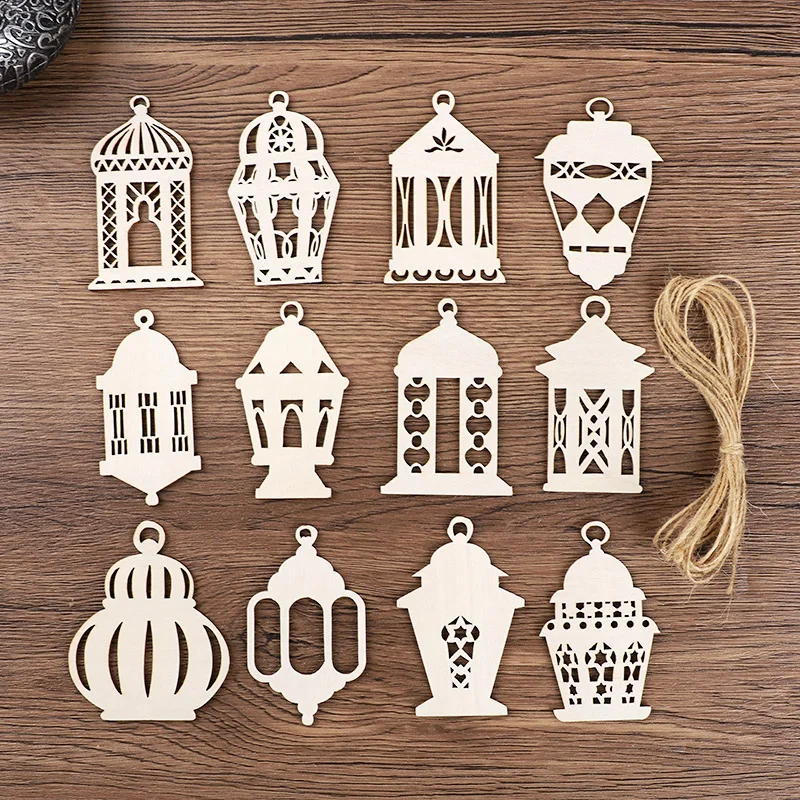 

12pcs Wooden Moon Star Lantern Ornaments DIY Painting Pendants Eid Mubarak Home Decoration Muslim Islamic Party Ramadan Gifts