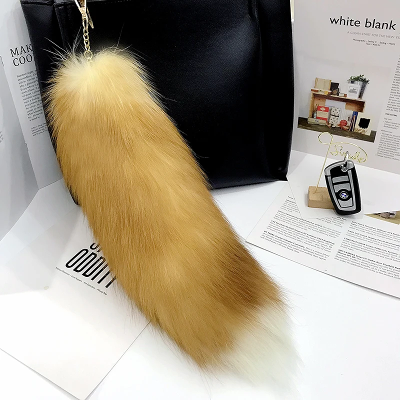 natural fox fur tail keychain furry 2024 chic y2k beautiful accessory length 40 cm Car Keychains For Women