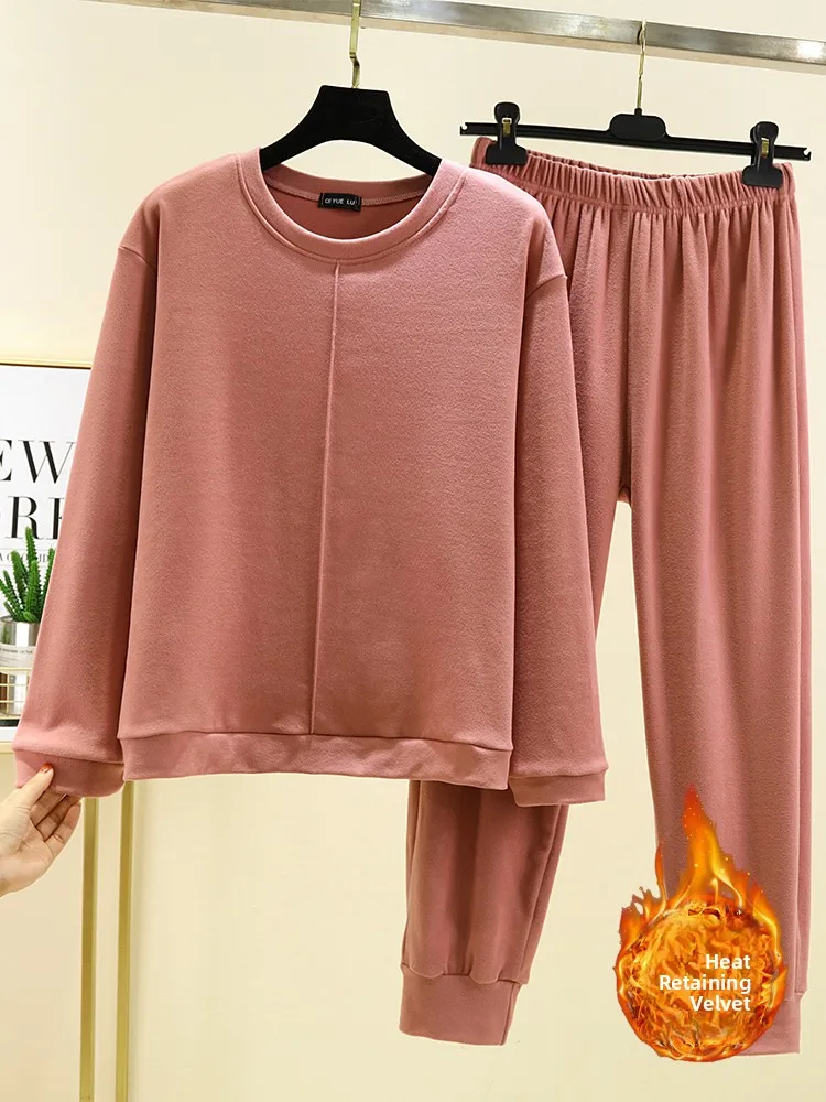 

Thiened Long Sve round Ne Home Clothes Set Women's Winter Spwear Large Size Loose Fit Fce Lined Two Piece Set