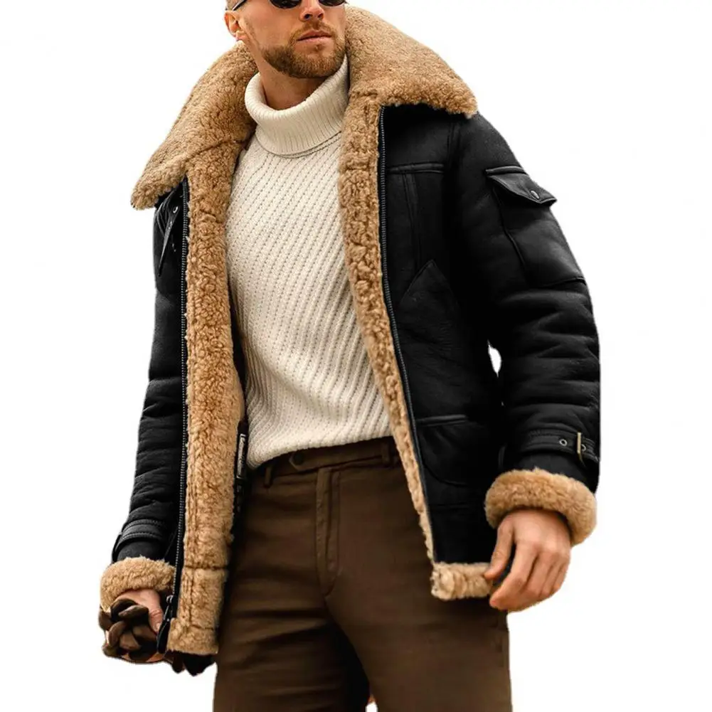 New Fashion Men\'s Fleece Jacket Turn Down Fur Collar Thick Coats Thicken Warm Leather Outwear Male Winter Streetwear Windbreaker