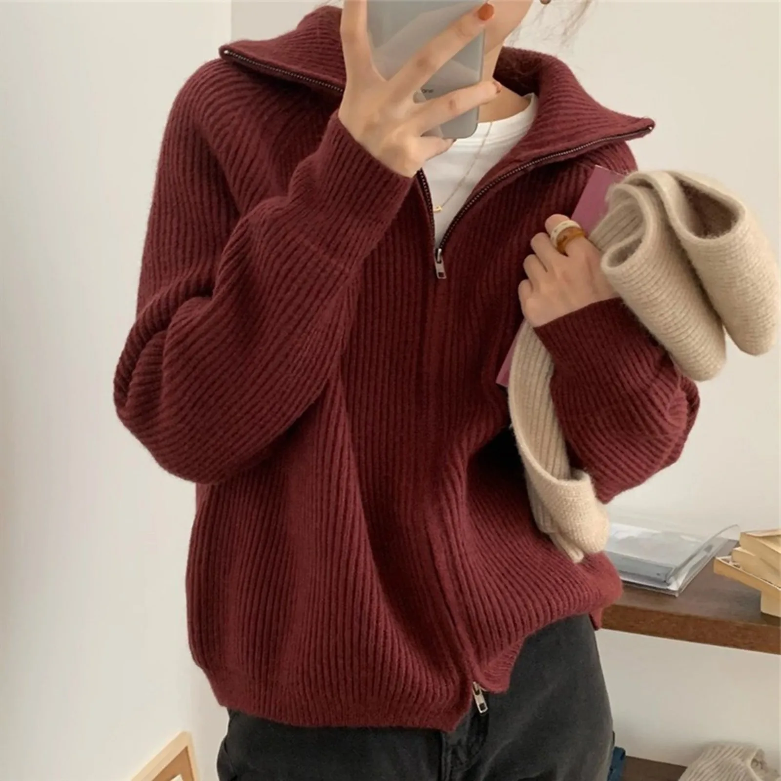 2024 Autumn Winter Women Jacket Thick Knit Cardigan Zipper Design Lapel Sweater Women Jumper Fashion Casual Solid Color Jackets