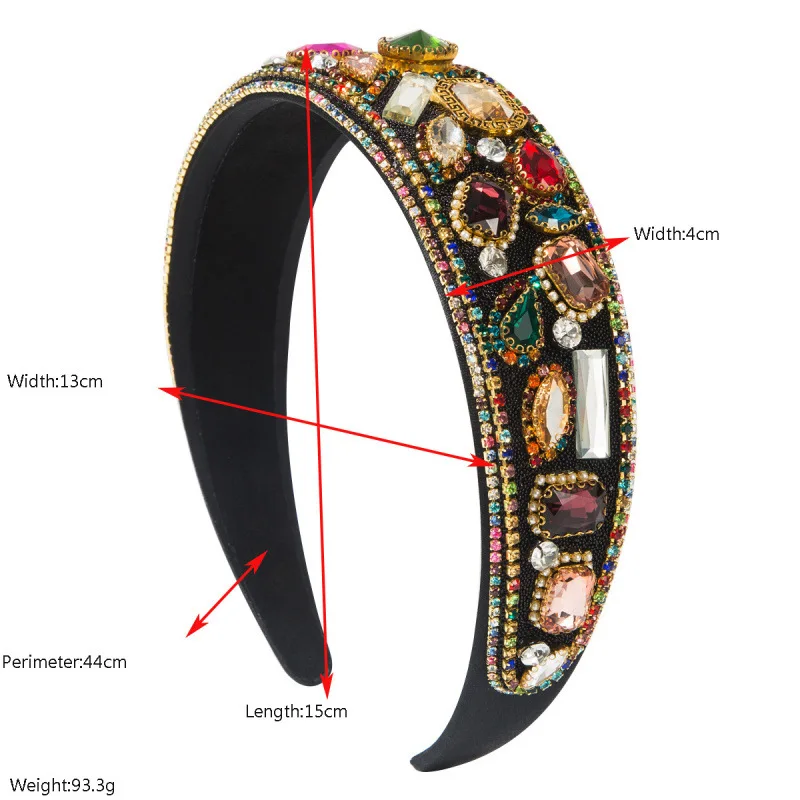 New retro heavy industry baroque style inlaid with colored irregular glass diamond headband women's wide edge full diamond hair