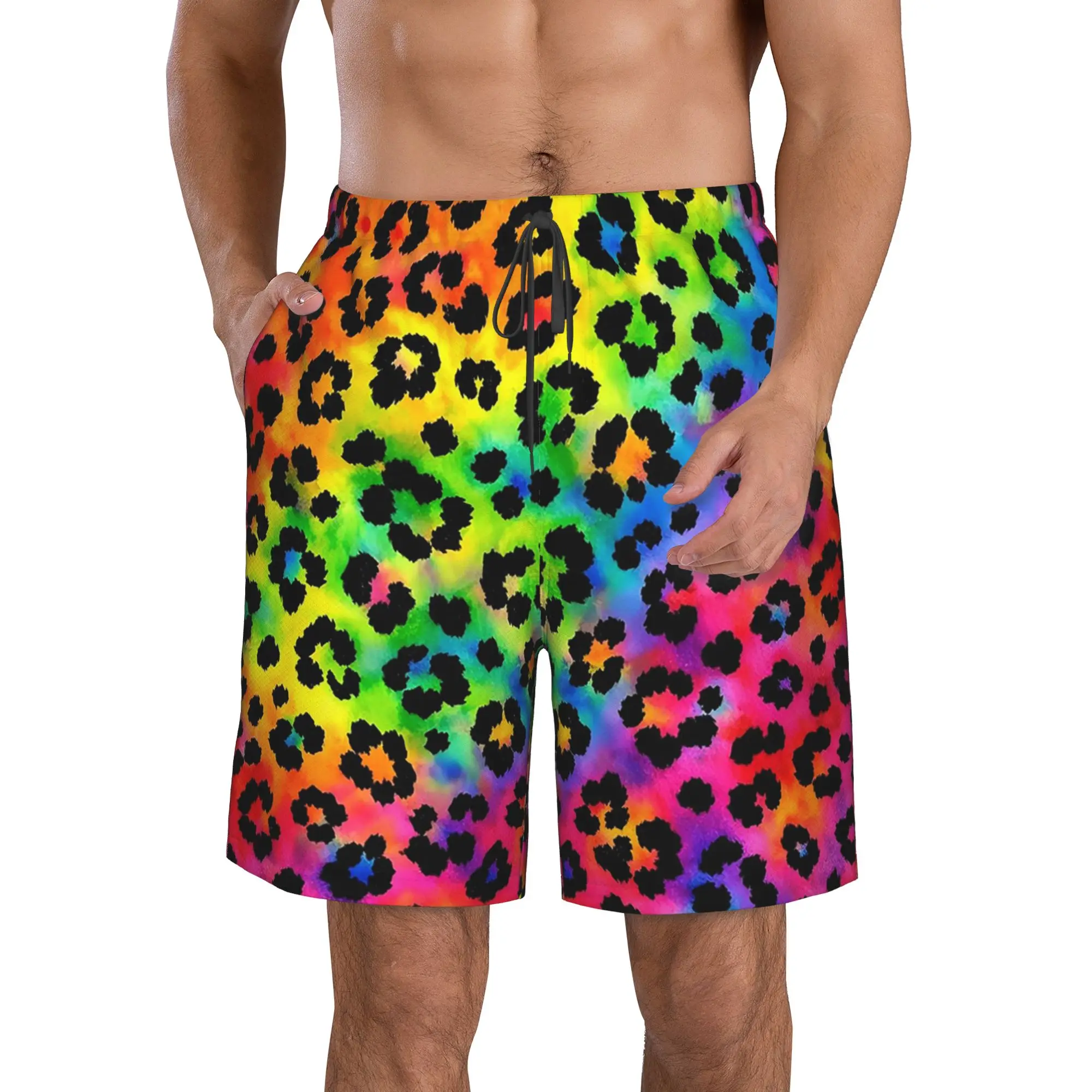 Vibrant Rainbow Leopard Print Trunks Beach Board Shorts Casual Quick Dry Swim Summer Men Pants