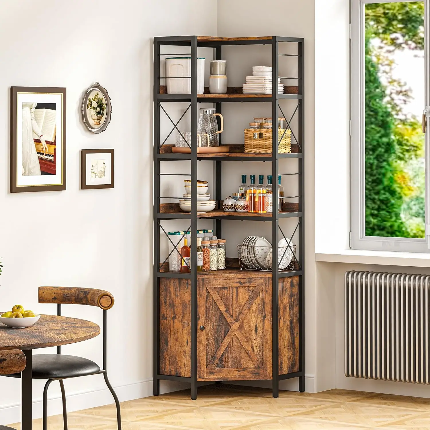 رف كتب مكون من 5 طبقات مع حواجز، وخزانة كتب صناعية مع أبواب لغرفة المعيشة والمطبخ #2