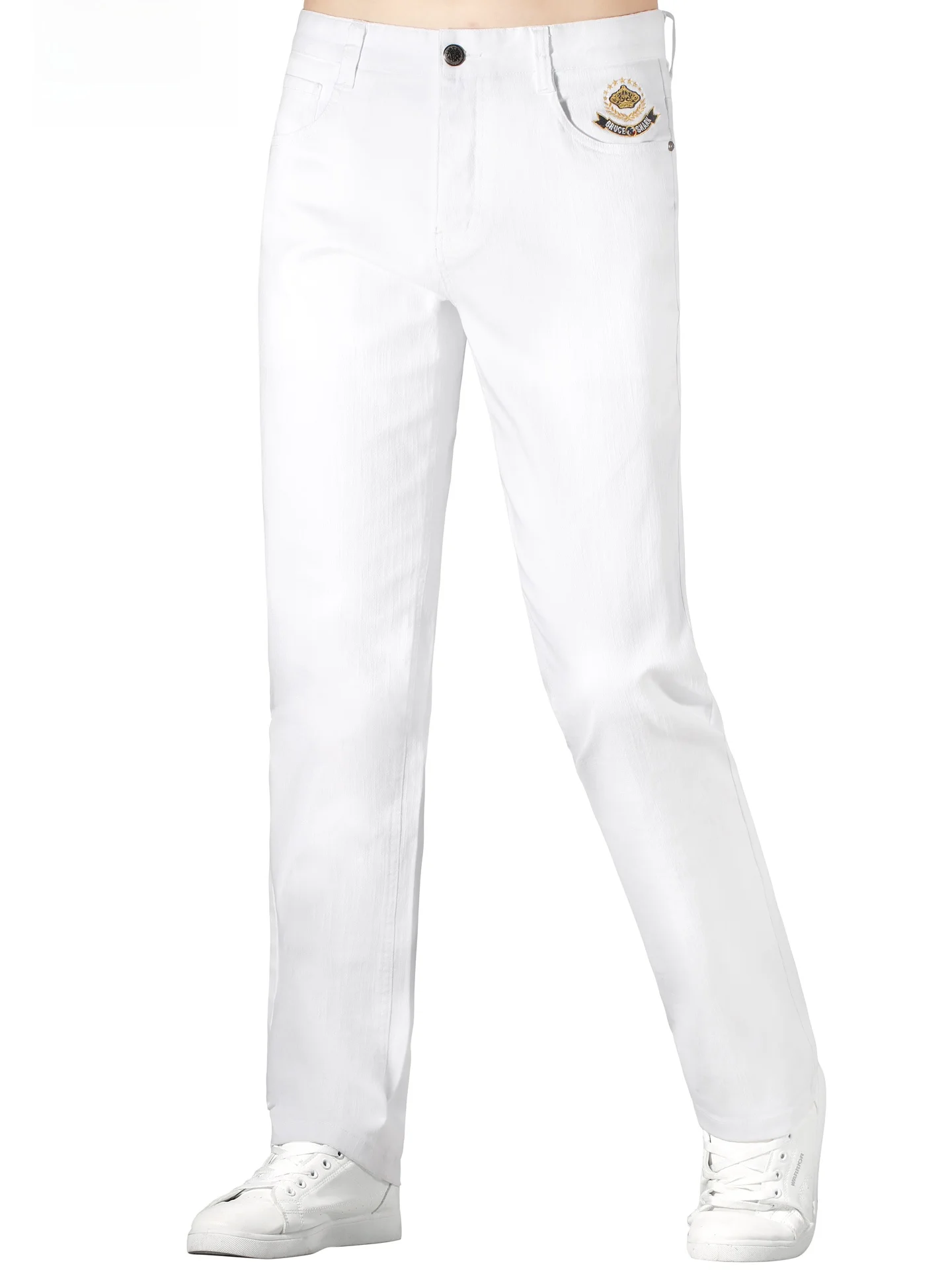 

Loose Fit Men's Denim Jeans White Straight Leg Trousers Bruce & Shark Brand Fashionable Urban Style Cotton Stretch Denim