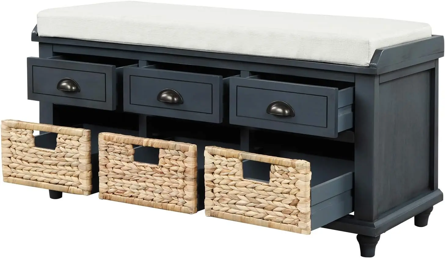 Wood Storage Bench 3 Drawers, 3 Rattan Baskets, Removable Cushion, Antique Navy