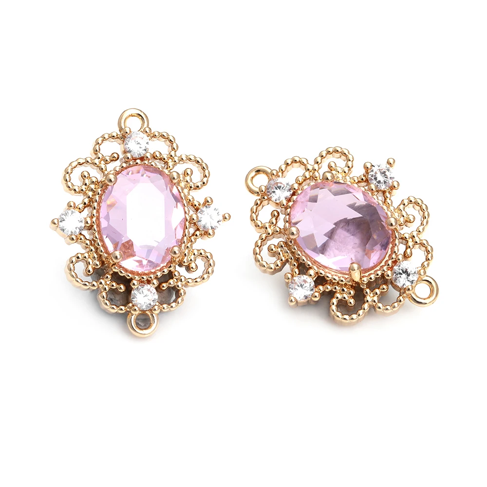 18K Gold Color Brass Zircon Glass Oval Shape Connect Charms Pendants High Quality Diy Jewelry Accessories Making Materials