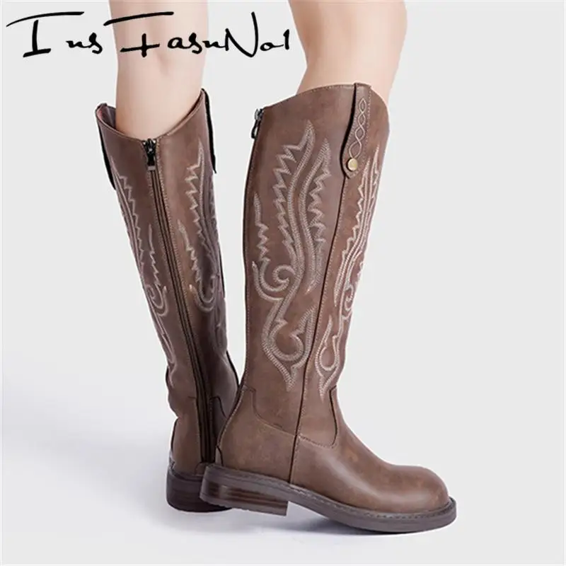 Retro Embroidered Western Cowboy Boots Fashion Chunky Heel Platform Knee High Shoes Female All Match Casual Knight Botas Increas