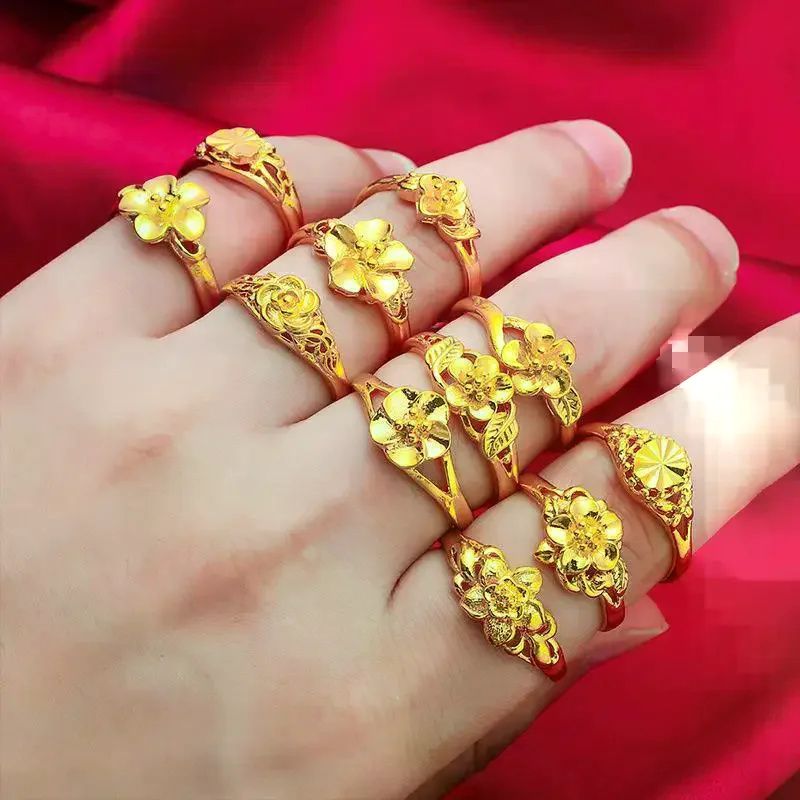 Gold Plated Ring Women's Lucky Flower Open Adjustable Ring Wedding Jewelry Accessories