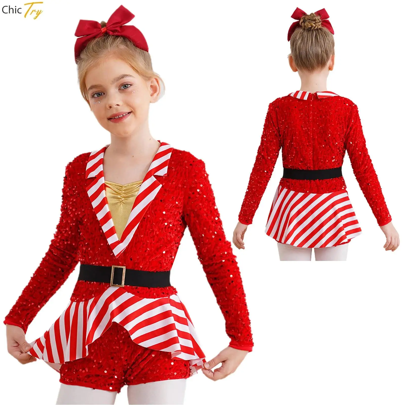 

Girls Sequins Ballet Gymnastic Costume Christmas Sequins Stripes Jumpsuit for Candy Cane Bodysuit Carnival Party Show Dancewear