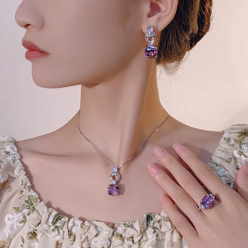 

Elegant Vintage Pink Cushion Cut Cubic Zirconia Jewelry Adjustable Ring Necklace Earring Women Bridal Wedding Party Accessories