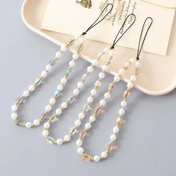 심플한 크리스탈 진주 구슬 전화 체인, 여성용 쥬얼리 선물, 캔디 컬러 테디 베어 활, 미끄럼 방지 전화 케이스, 로프 손목 밴드 